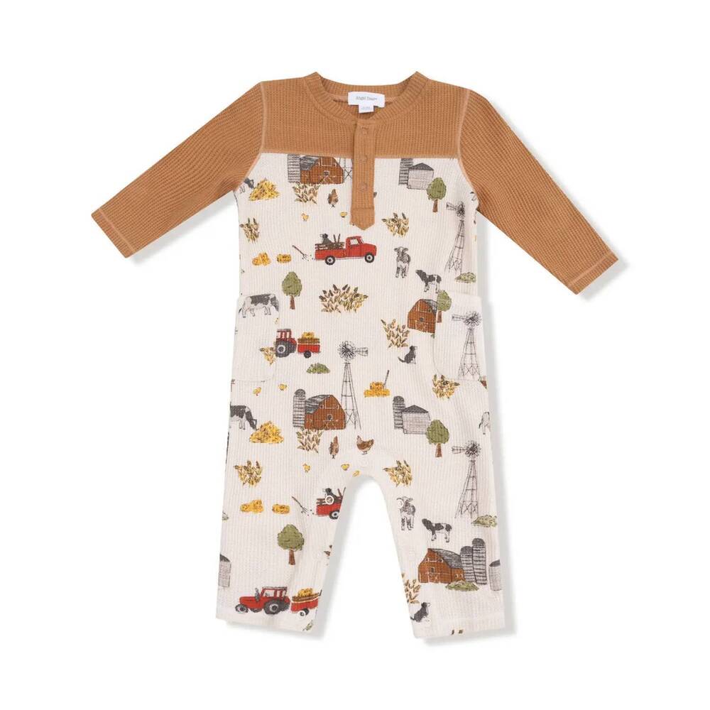NEW ANGEL DEAR kid's hay farmer romper with contrast sleeves in lion